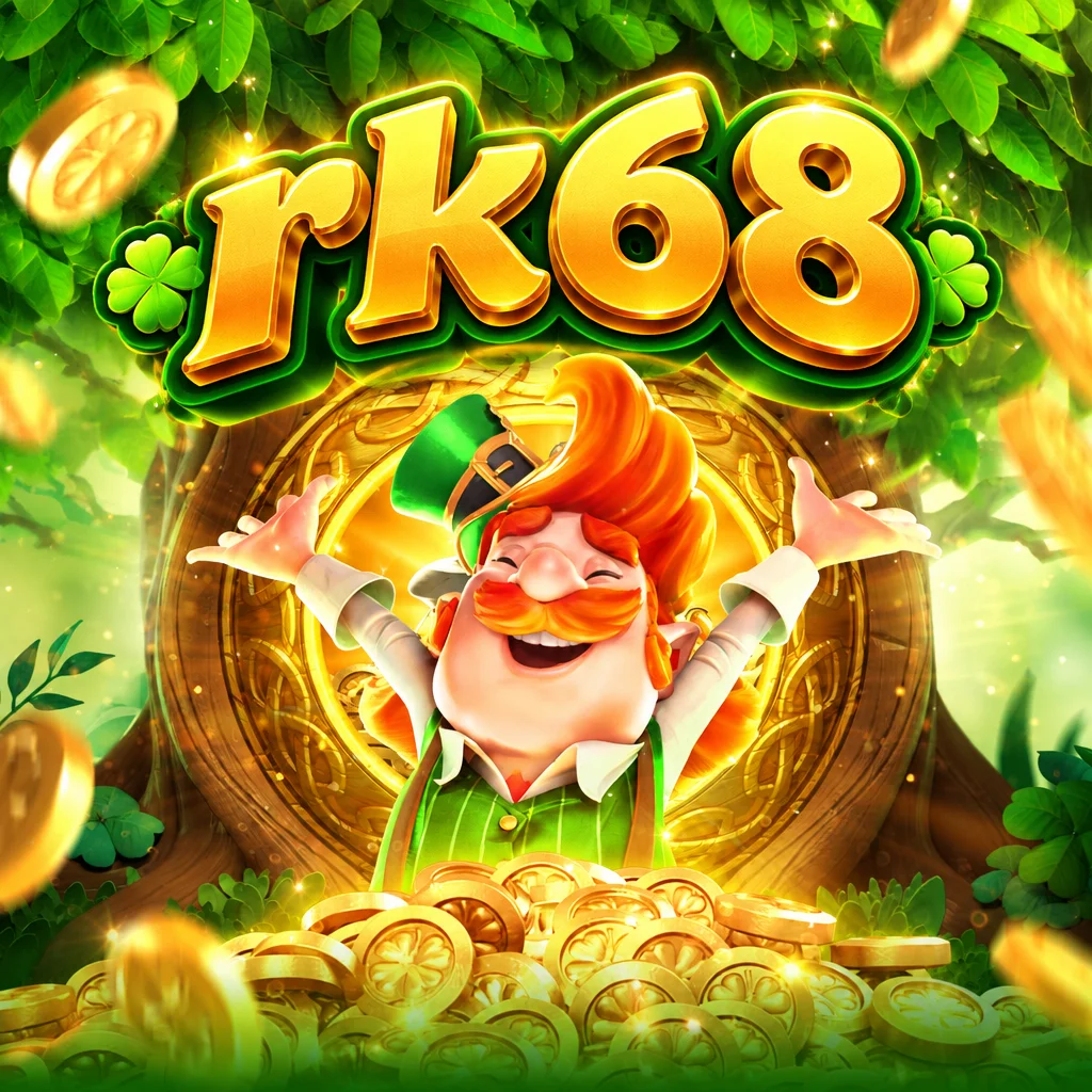 rk68 Leprechaun Riches menampilkan peri berambut merah dengan koin emas dan daun semanggi