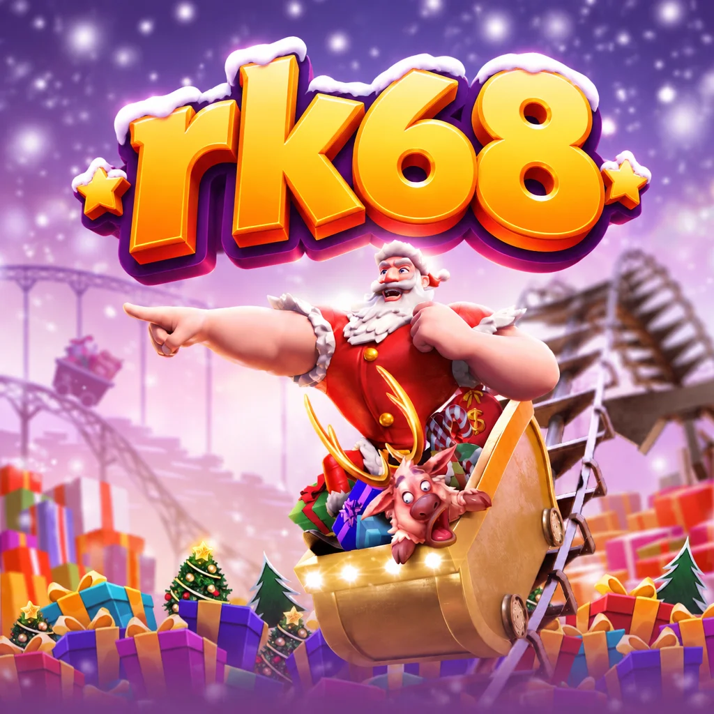 rk68 Santas Gift Rush menampilkan Sinterklas ceria dengan kereta salju dan hadiah natal