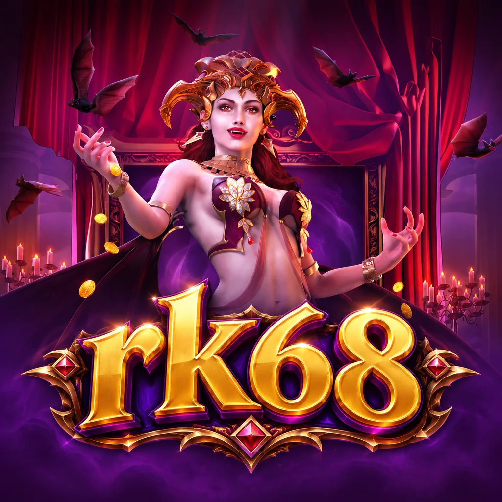 rk68 Vampires Charm menampilkan karakter ratu vampir berlatar tirai merah gelap dan kelelawar